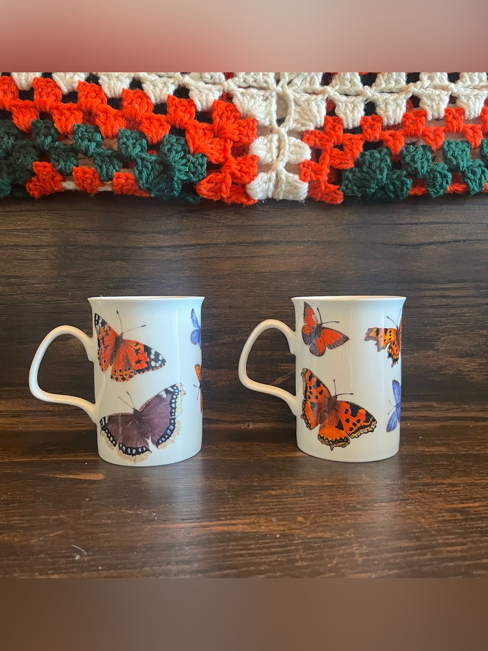 Roy Kirkham Fine Bone China Cups Mugs Butterfly Garden 2008 pair